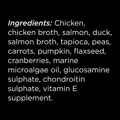 Ingredients like chicken, salmon, duck, veggies, cranberries, glucosamine chondroitin for joints, and vitamin E are shown in white on black. GO! SOLUTIONS Booster Joint Care Chicken, Salmon + Duck Pate (79g) by Your Whole Dog is a nourishing food topper.