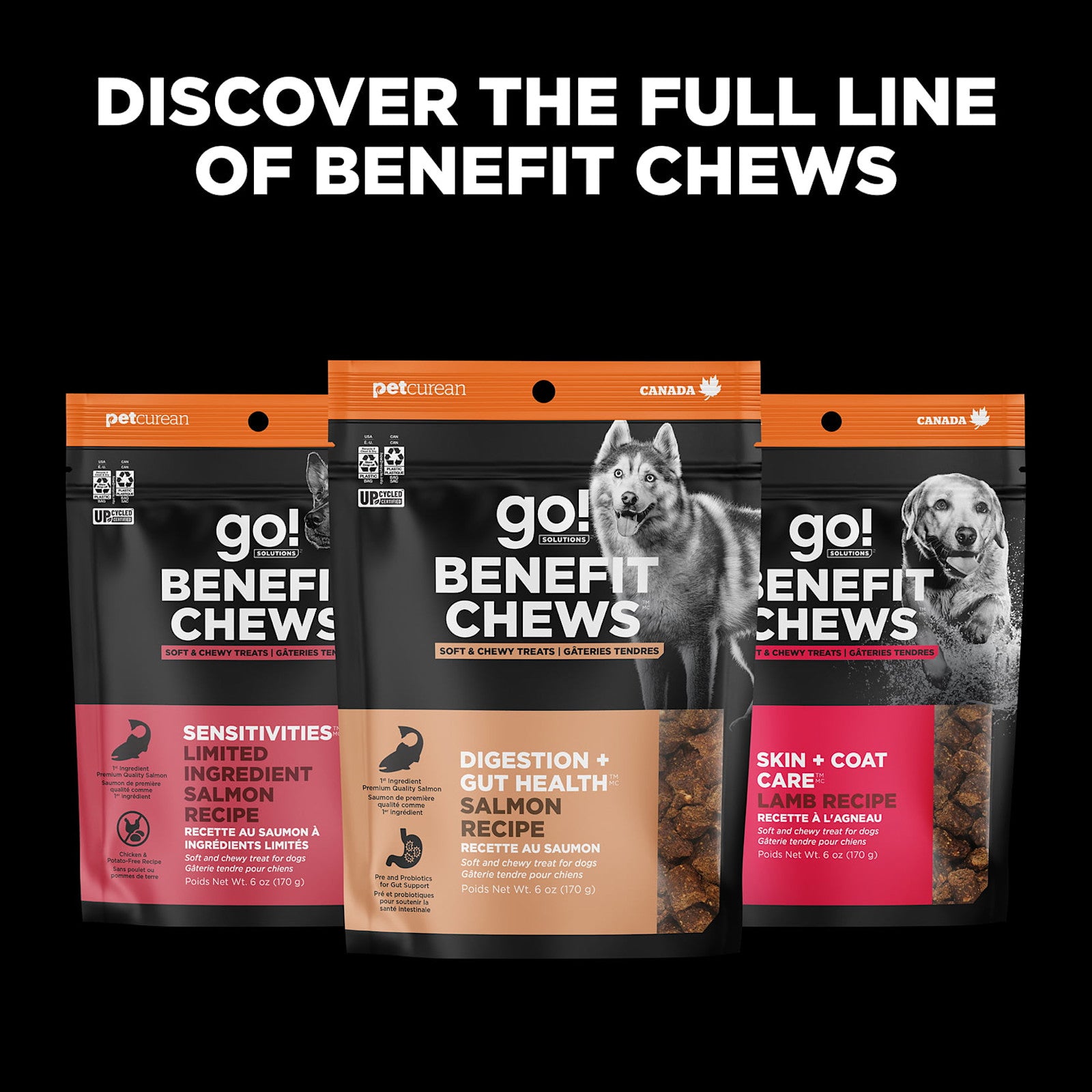 Three packs of Go! Solutions Benefit Chews Sensitivities Salmon (170g) by Go! Solutions are shown—delicious, hypoallergenic dog treats designed to support sensitivities, digestion & gut health, and skin & coat care.