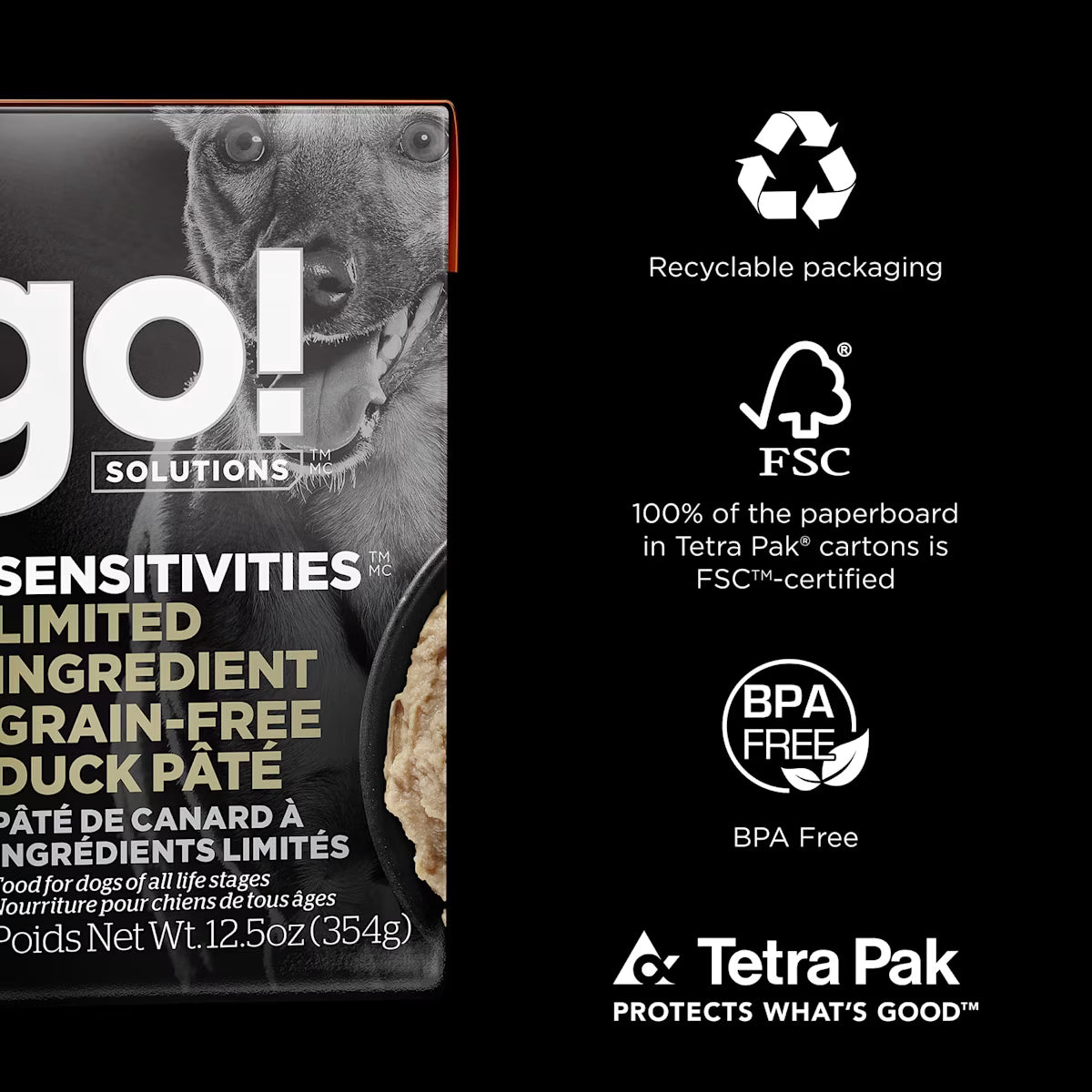 Close-up of Your Whole Dog GO! SOLUTIONS SENSITIVITIES Grain Free Duck Pâté (354g) packaging, showing product info, sustainability icons, and certifications like recyclable packaging, FSC certified, and BPA free on a black background.