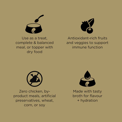 Four icons with text showcase GO! SOLUTIONS SENSITIVITIES Grain Free Duck Pâté by Your Whole Dog: treat or meal use, antioxidant-rich fruits and veggies, no chicken by-products or common allergens, and tasty hydrating broth.