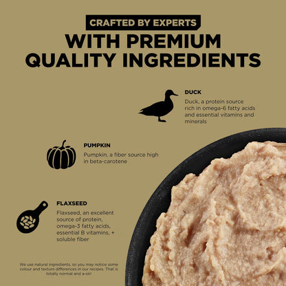 A bowl of GO! SOLUTIONS SENSITIVITIES Grain Free Duck Pâté (354g) by Your Whole Dog sits beside text and icons spotlighting premium duck, pumpkin, and flaxseed as key limited-ingredient features in this canned dog food.