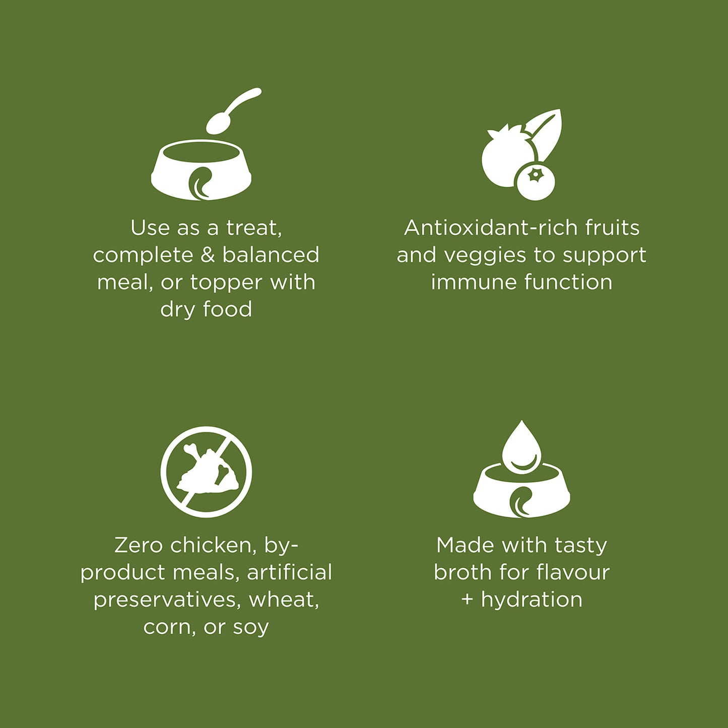 Four icons highlight the benefits of GO! SOLUTIONS SENSITIVITIES Shredded Turkey by Your Whole Dog: balanced meal or topper, antioxidant-rich fruits and veggies, no chicken by-products or artificial additives, and added broth for flavor and hydration.