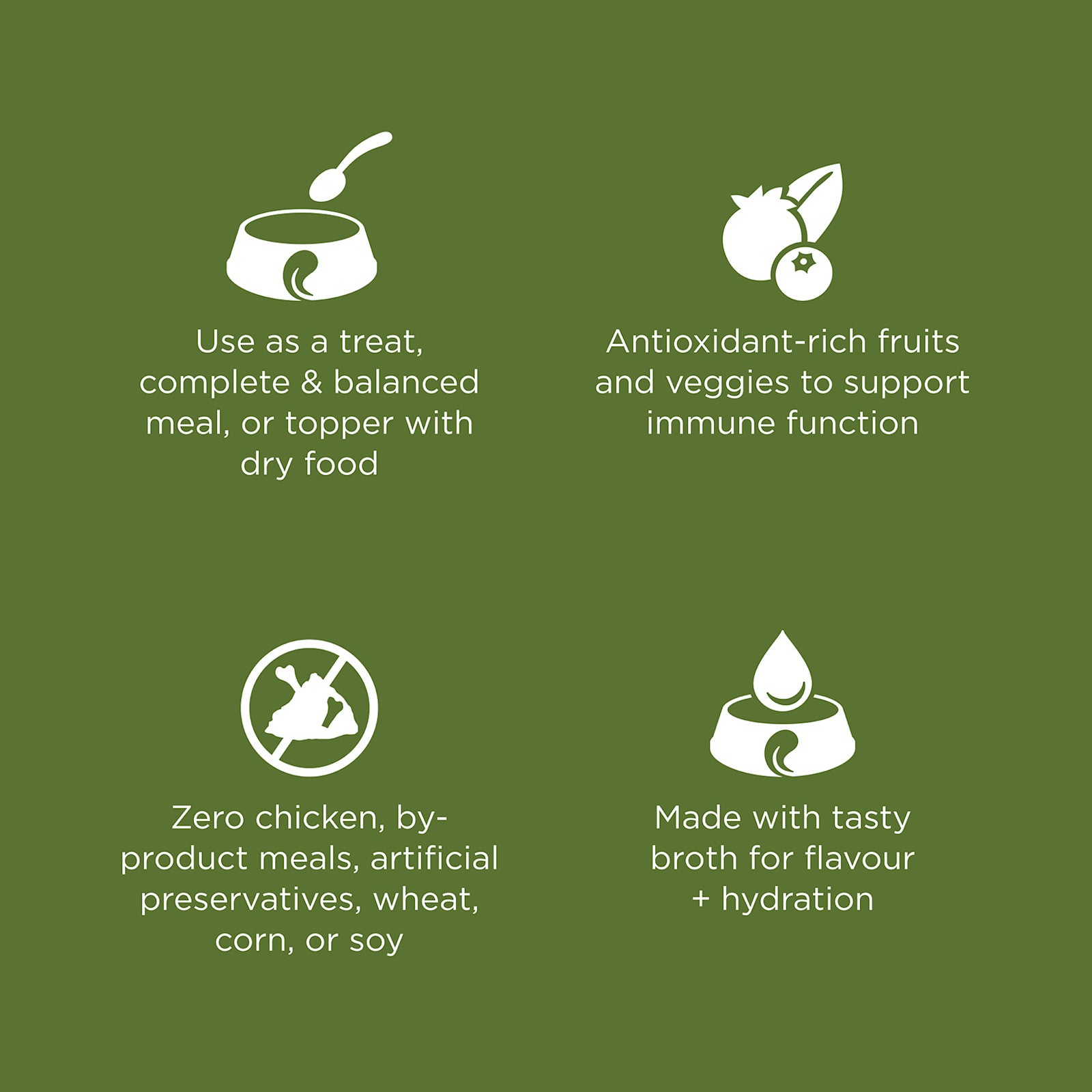 Four icons highlight the benefits of GO! SOLUTIONS SENSITIVITIES Shredded Turkey by Your Whole Dog: balanced meal or topper, antioxidant-rich fruits and veggies, no chicken by-products or artificial additives, and added broth for flavor and hydration.