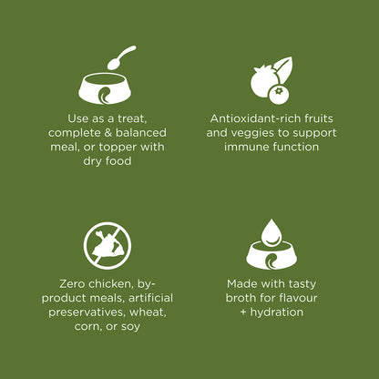 Four icons highlight the benefits of GO! SOLUTIONS SENSITIVITIES Shredded Turkey by Your Whole Dog: balanced meal or topper, antioxidant-rich fruits and veggies, no chicken by-products or artificial additives, and added broth for flavor and hydration.