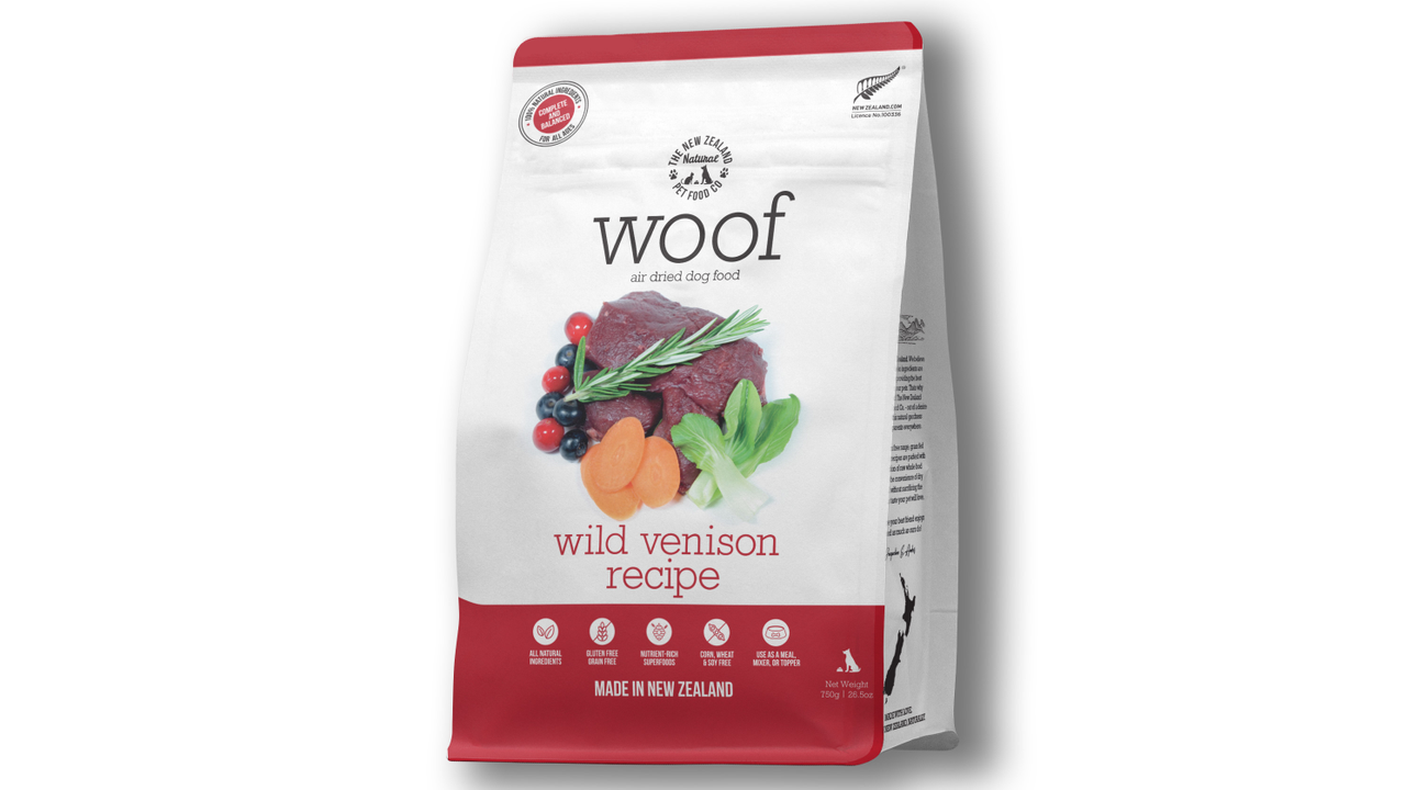 A bag of Your Whole Dog Air Dried Venison Dog Food, made with healthy vegetables and carrots.
