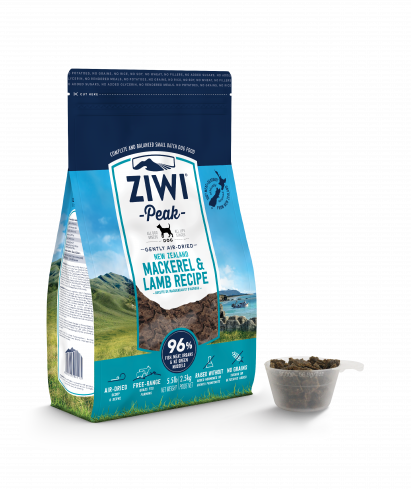A bag of ZIWI Peak Air-Dried Mackerel & Lamb Recipe for Dogs from Your Whole Dog, perfect for training treats or food puzzles. Made with high-quality ingredients sourced from New Zealand.