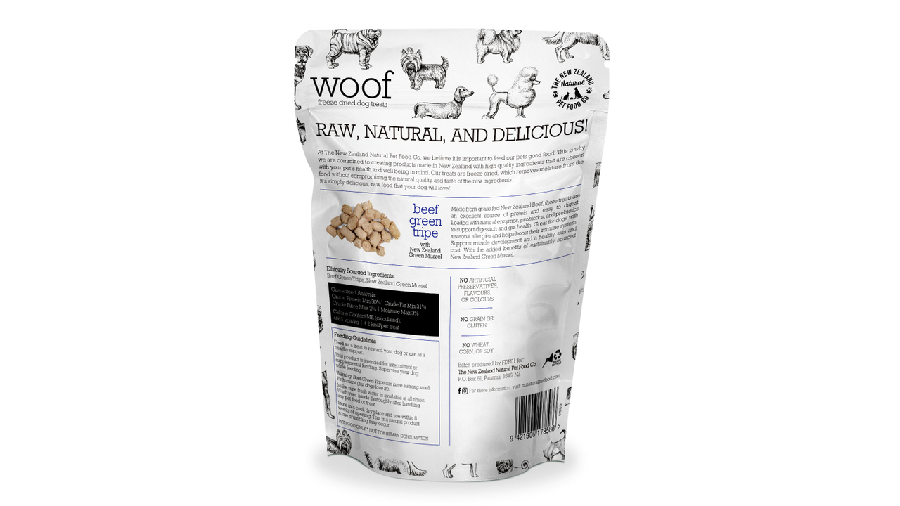A bag of Woof: Beef Green Tripe & Mussel Treats (40g) by Your Whole Dog on a white background.