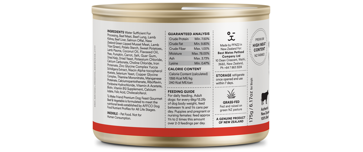 A can of CLEARANCE: Tu Meke Friend Gourmet Beef & Vegetable Dog Food (175g cans) by Your Whole Dog on a white background.