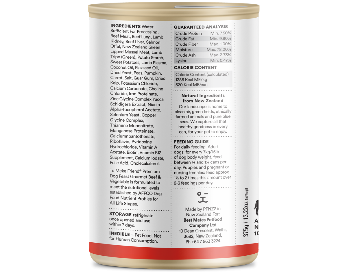 An image of a CLEARANCE: Tu Meke Friend: Gourmet Beef & Vegetable Dog Food (175g cans) with a Your Whole Dog label on it.