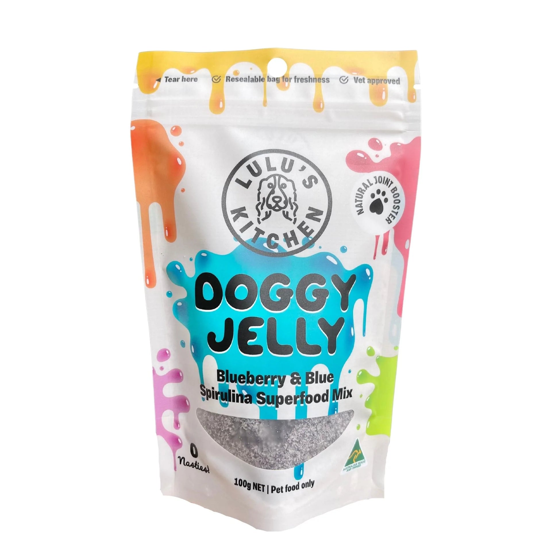 A bag of Lulu's Kitchen: Doggy Jelly - Blueberry and Blue Spirulina on a white background, available from Your Whole Dog.