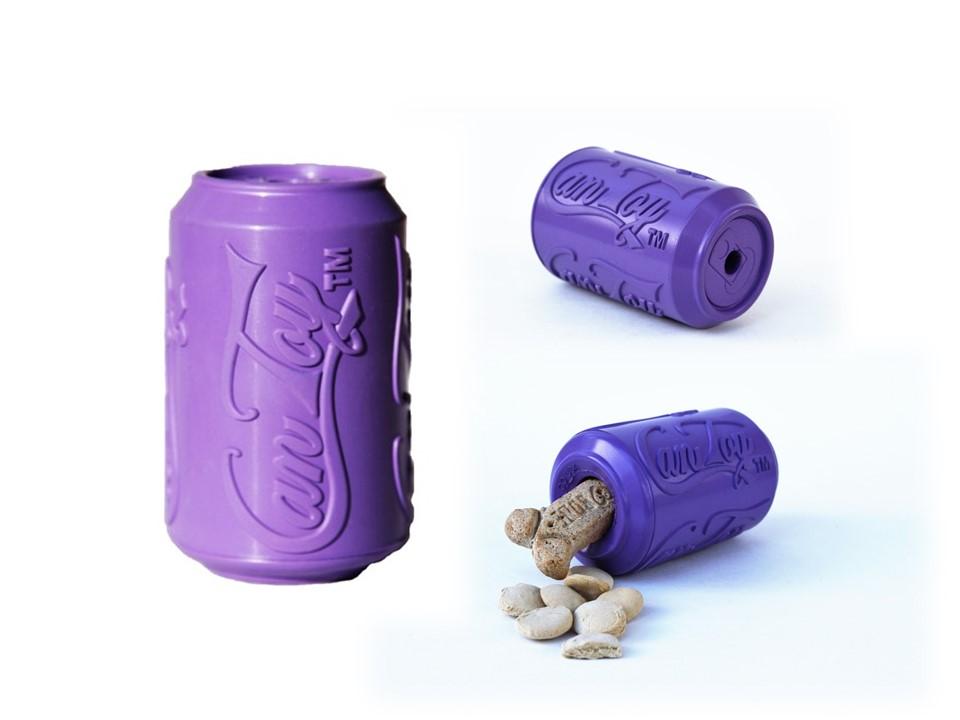 A purple can with corks and a bottle of Coca Cola, alongside Your Whole Dog's SALE: Soda Pup CAN TOY & TREAT DISPENSER for dog enrichment entertainment.