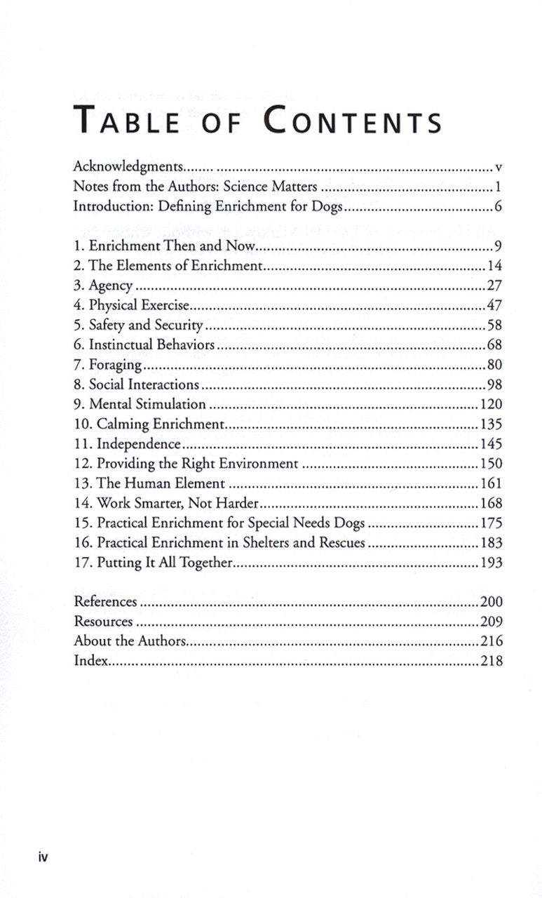 A table of contents for the book "Canine Enrichment for the Real World: Making It a Part of Your Dog's Daily Life" by Your Whole Dog.