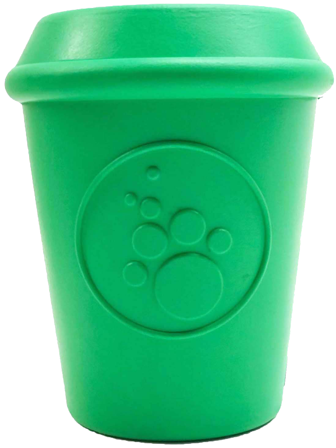 A durable green plastic cup from the Your Whole Dog Soda Pup COFFEE CUP TOY & TREAT DISPENSER (M & L) range with a paw print on it.