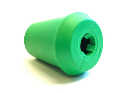 A durable chew toy from the Soda Pup COFFEE CUP TOY & TREAT DISPENSER (M & L) range, this green plastic bottle with a hole in it is perfect for treat dispensers.