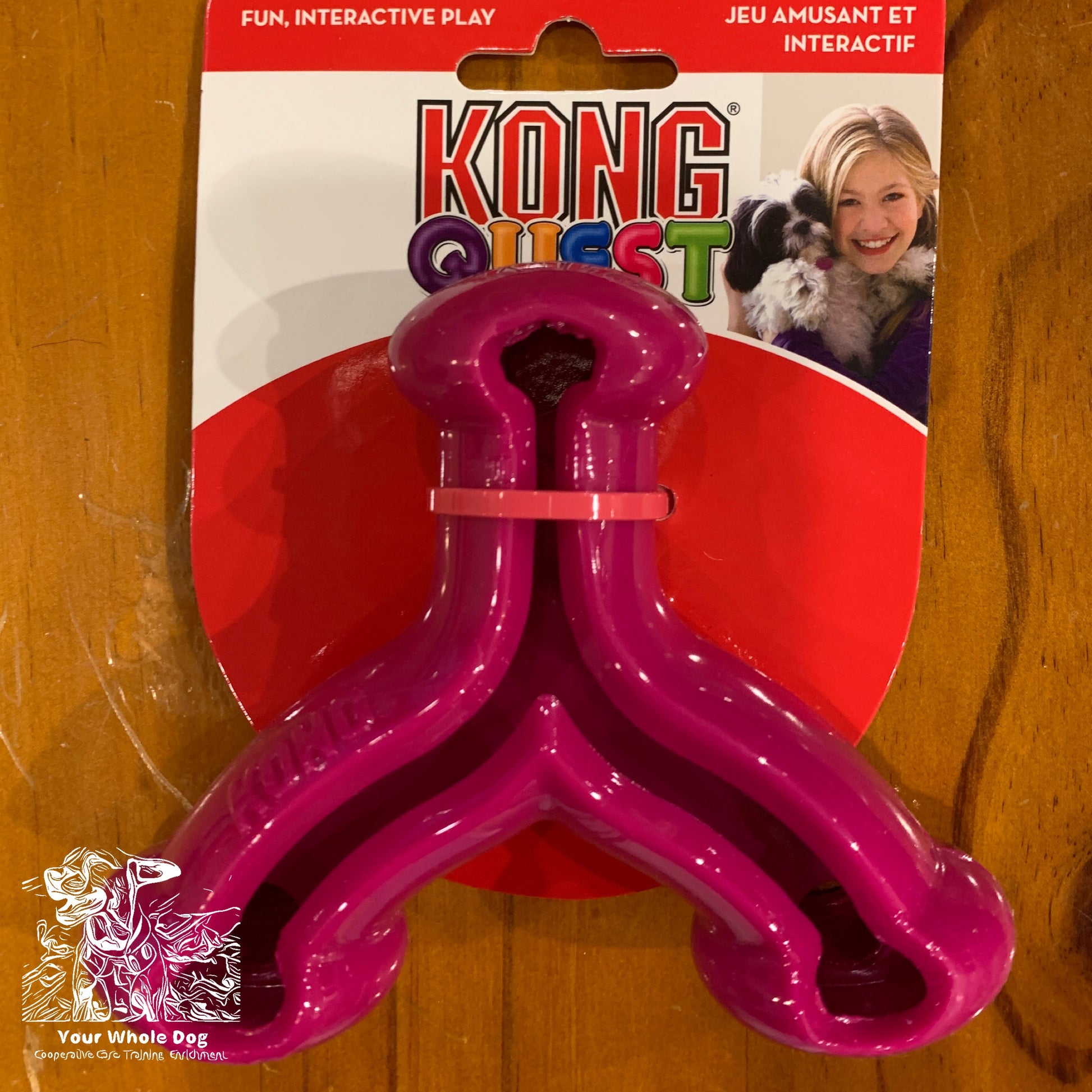 Bright pink KONG Quest Wishbone treat-dispensing toy in its original packaging, displayed on a wooden surface. The packaging shows a picture of a person with a dog and the text “FUN, INTERACTIVE PLAY,” perfect for encouraging foraging behaviors. This product is brought to you by Your Whole Dog and is currently on clearance.
