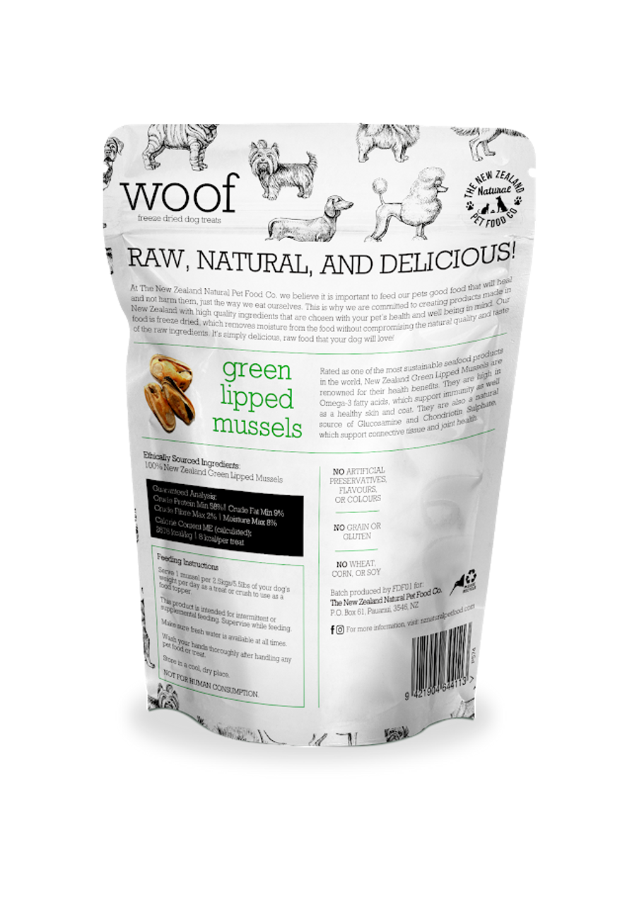 Your Whole Dog: Green Lipped Mussels (50g) raw natural and delicious green pea dog treats.