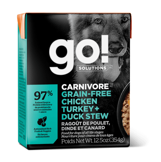 Go Solutions carnivore grain free turkey duck stew with SEO keywords: lickmats.

Go Solutions GO! CARNIVORE Chicken, Turkey + Duck Stew (354g) with SEO keywords: lickmats.