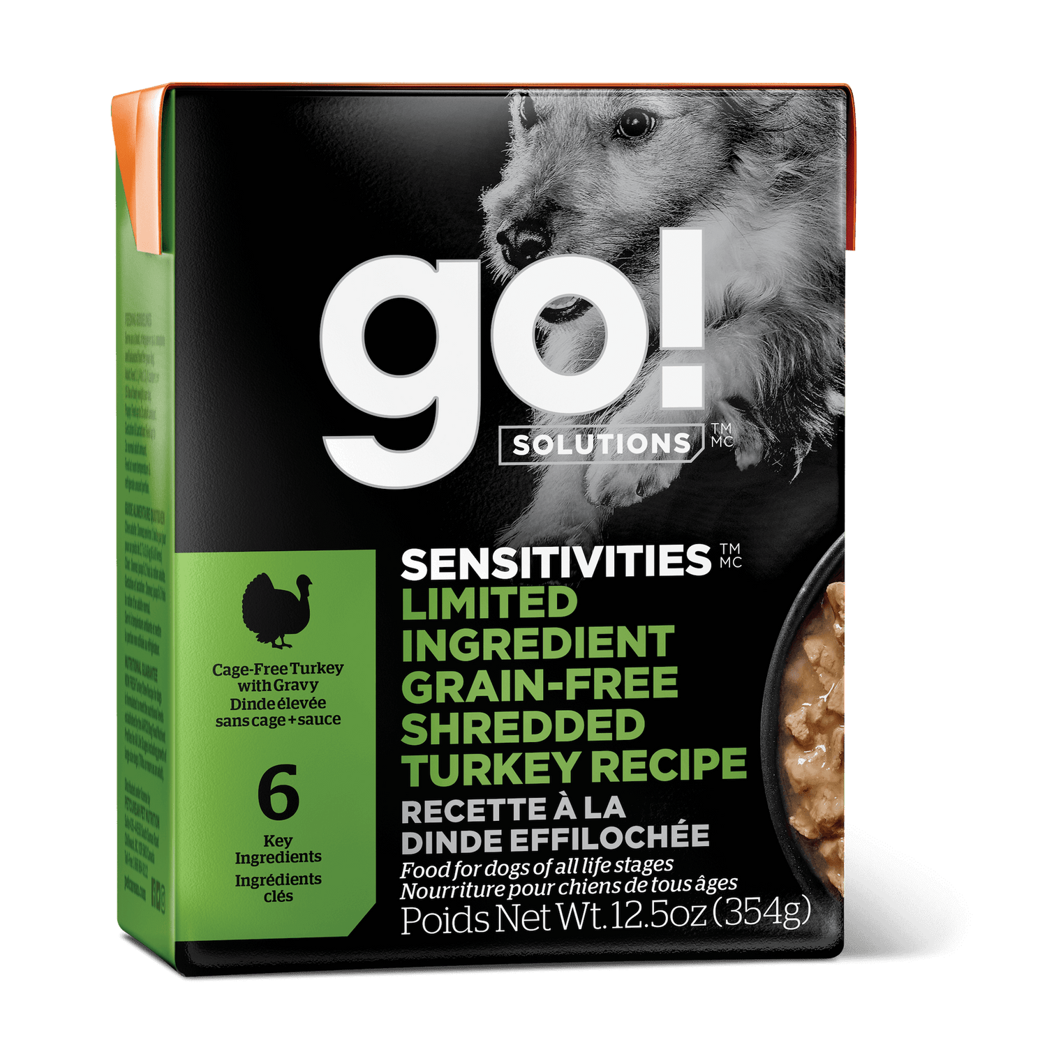 A 354g box of GO! SOLUTIONS SENSITIVITIES Shredded Turkey by Go! Solutions—a grain-free, limited ingredient dog food for sensitive stomachs, suitable for all life stages.