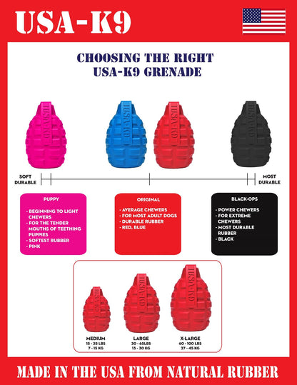The Your Whole Dog Soda Pup GRENADE TOY & TREAT DISPENSER (M&L) are durable chew toys shown in different colors.