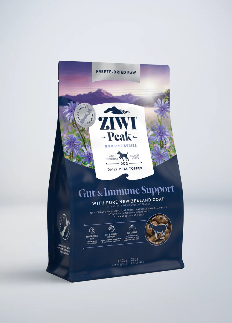 A pack of ZIWI Peak Freeze-Dried Booster - Gut & Immune Support dog food, offering gut and immune benefits with New Zealand goat, features mountain and flower graphics.