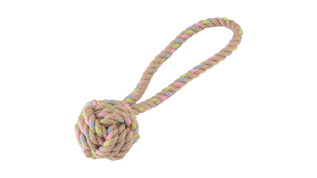 A Beco Rope: Hemp Ball with Loop toy with a colourful rope attached to it, available from Your Whole Dog, 