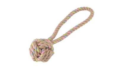 A Beco Rope: Hemp Ball with Loop toy with a colourful rope attached to it, available from Your Whole Dog, 