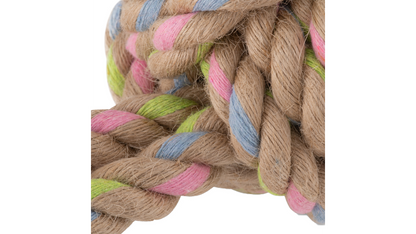 A Beco Rope: Hemp Ball with Loop from Your Whole Dog, with pink, blue and green stripes.