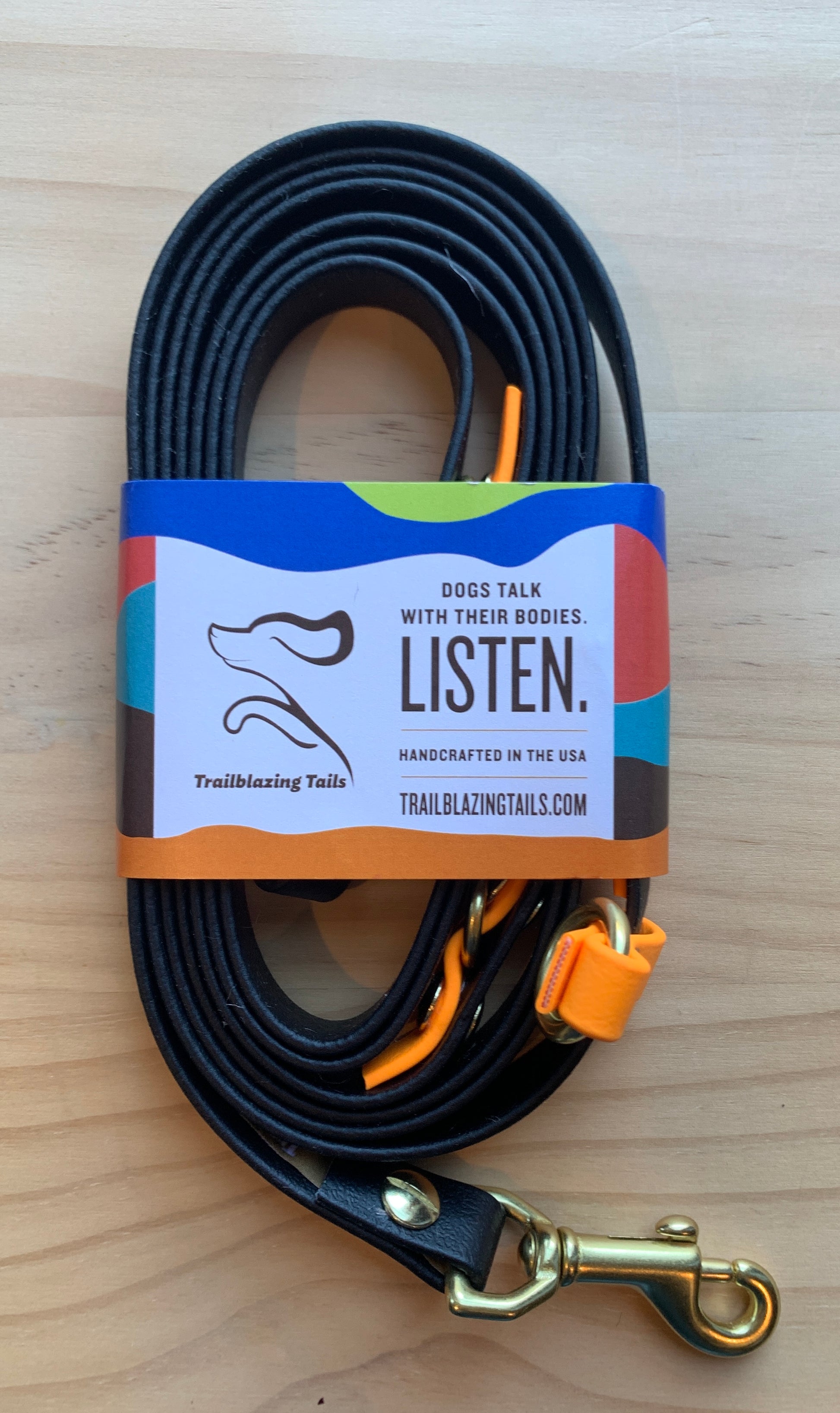 A Trailblazing Tails: The Sunny dog leash with adjustable length, featuring a tag and a striking black and orange color scheme by Your Whole Dog.