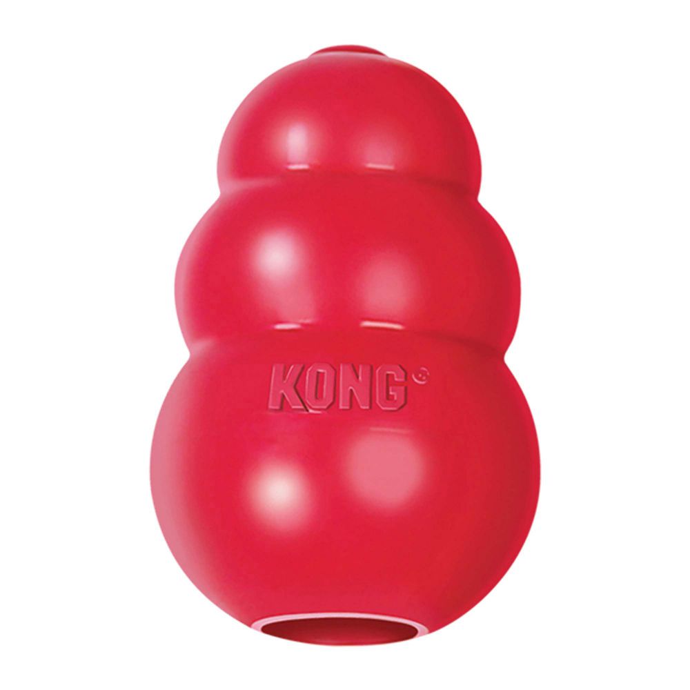 A red rubber dog toy by Your Whole Dog, named SALE: KONG Classic, features three stacked, rounded segments with a small hole at the bottom for added enrichment.