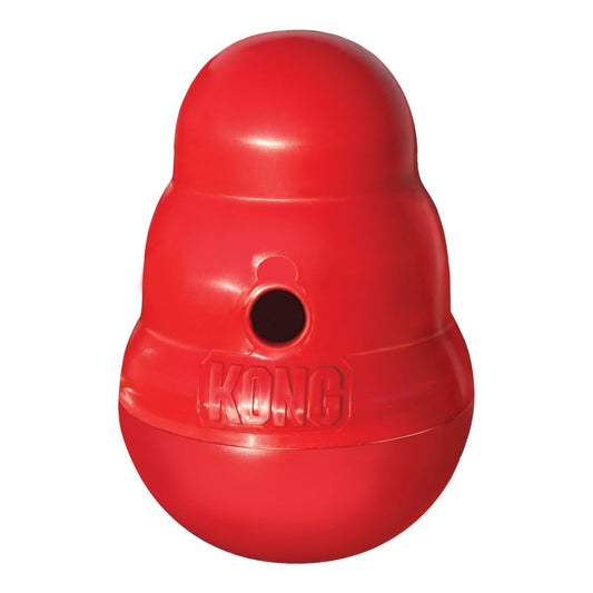 A red dog toy with the word KONG Wobbler, perfect for mental stimulation.