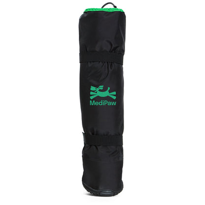 A black and green bag with a logo on it, perfect for carrying Your Whole Dog's MediPaw: Rugged X-Boot items.