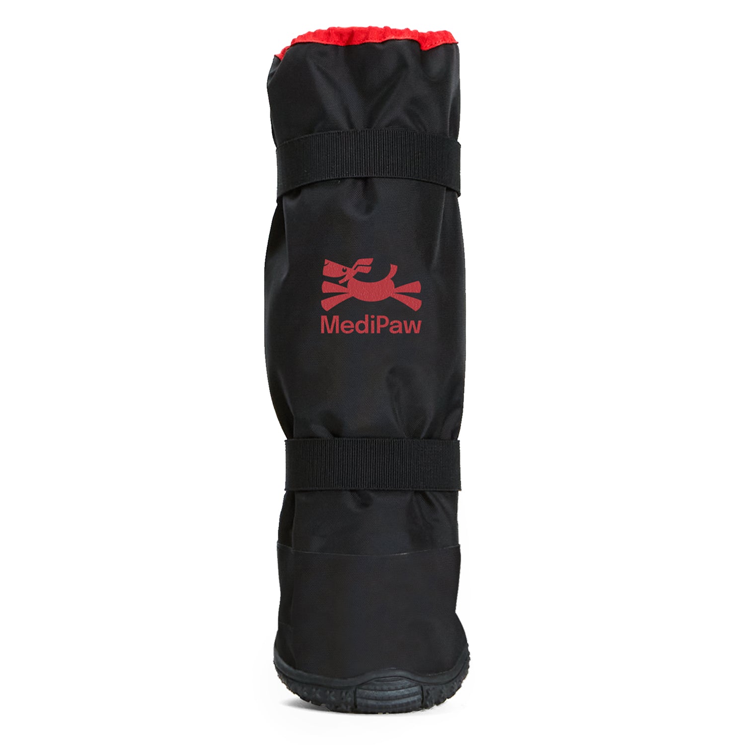 A black and red dog boot with the Your Whole Dog logo on it, perfect for protecting your furry friend's paws during walks or hikes. This durable and stylish boot is part of the MediPaw: Rugged X-Boot.