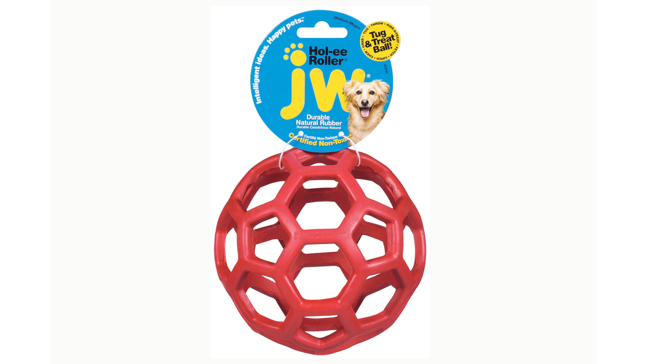 A medium red JW Hol-ee Roller ball . Available from Your Whole Dog.