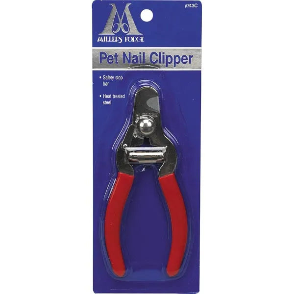 The Millers Forge Red-Handled Nail Clippers feature red handles, a safety stop bar, and display "Millers Forge" and "Heat Treated Steel" on a blue background—perfect for your pet grooming tools.