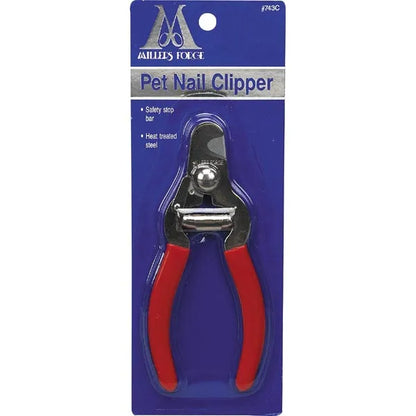 The Millers Forge Red-Handled Nail Clippers feature red handles, a safety stop bar, and display "Millers Forge" and "Heat Treated Steel" on a blue background—perfect for your pet grooming tools.