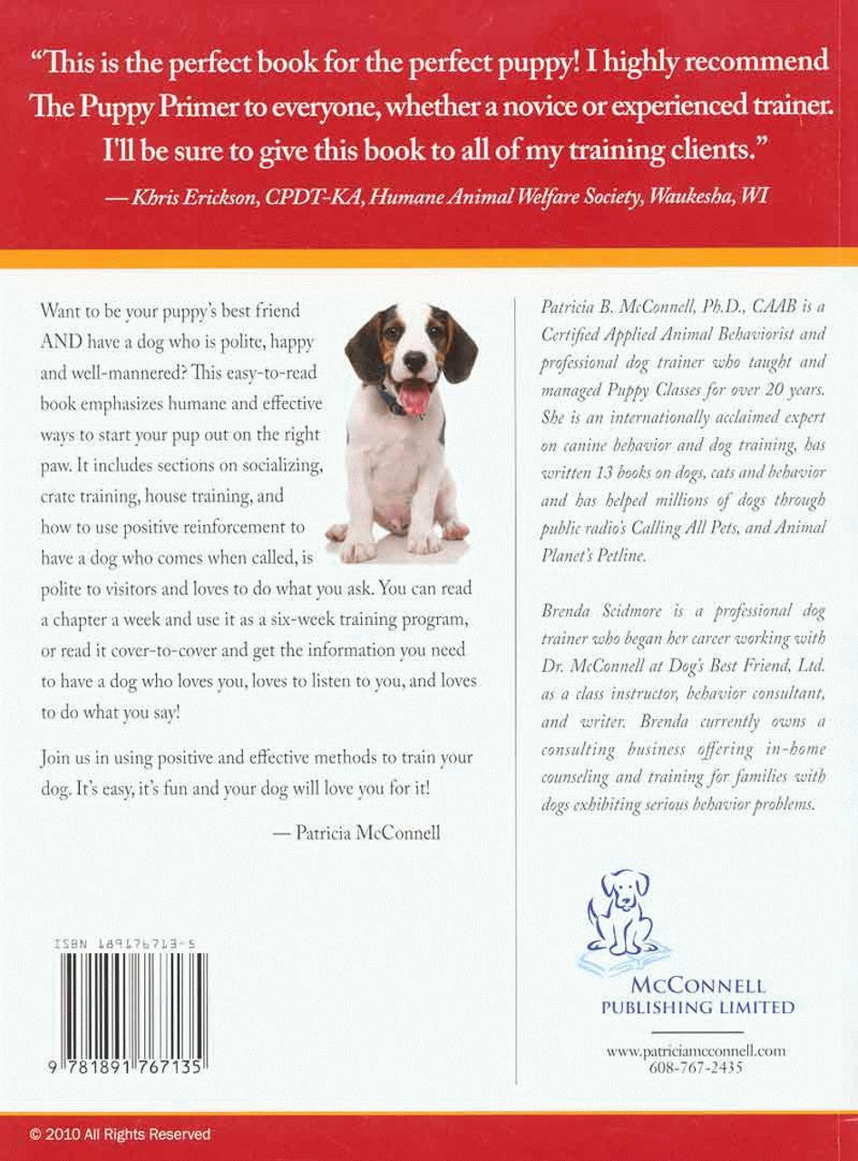 The back cover of the book "The Puppy Primer (2nd Edition)", a comprehensive guide to dog training using positive reinforcement techniques by Your Whole Dog.
