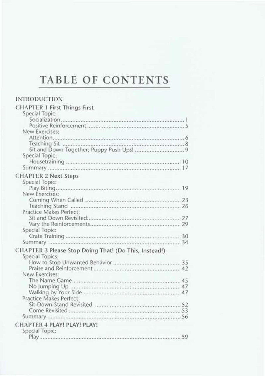 A Your Whole Dog Puppy Primer table of contents for positive reinforcement dog training.