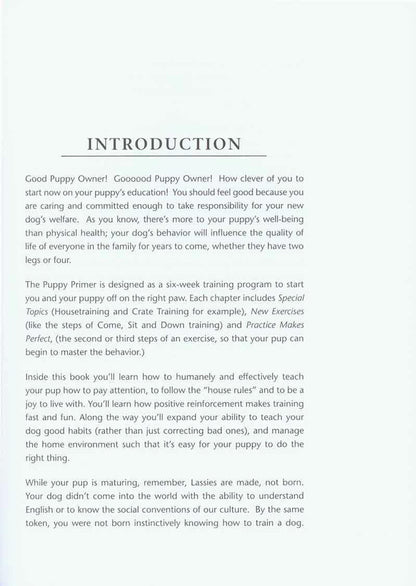 A black and white page with the words 'introduction' and 'Puppy Primer' from the book "The Puppy Primer (2nd Edition)" by Your Whole Dog.