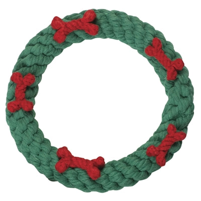 A Jax & Bones green rope ring with red bones dog toy, perfect for dental hygiene.