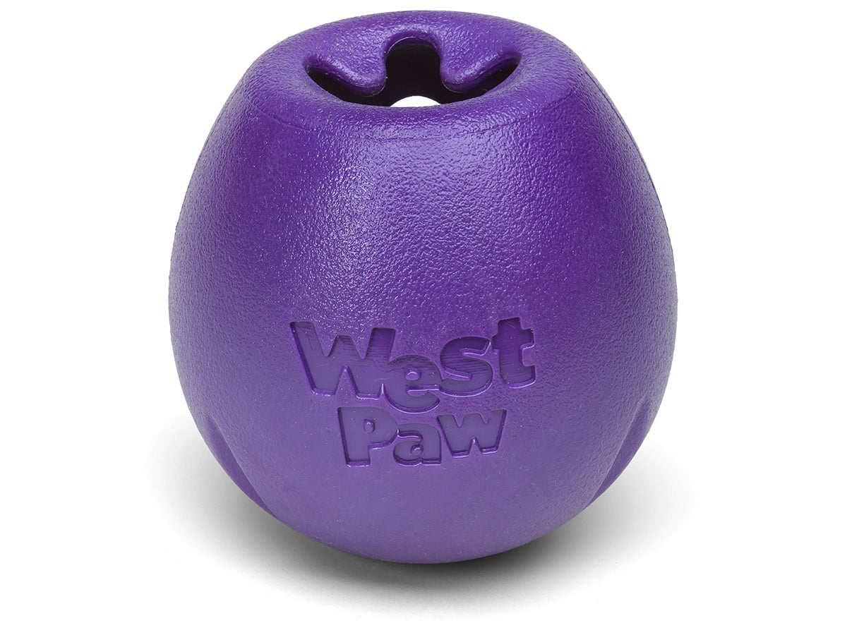 West Paw Rumbl dog toy. This treat-dispensing toy from Your Whole Dog is perfect for keeping your pup entertained and mentally stimulated. The vibrant purple color adds a fun pop to playtime while using the West Paw Rumbl.