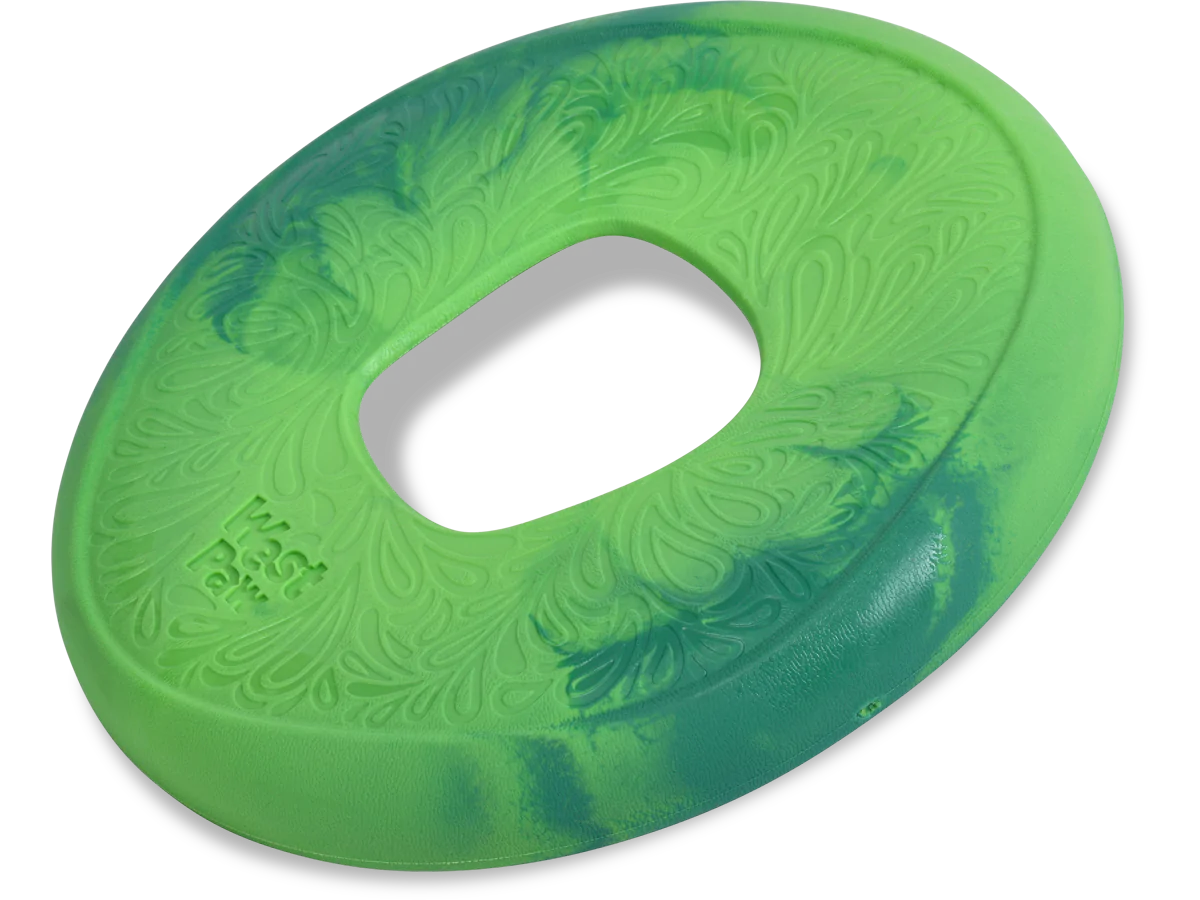 A green West Paw: Sailz frisbee with a pattern on it designed for interactive play and the game of fetch, from Your Whole Dog.