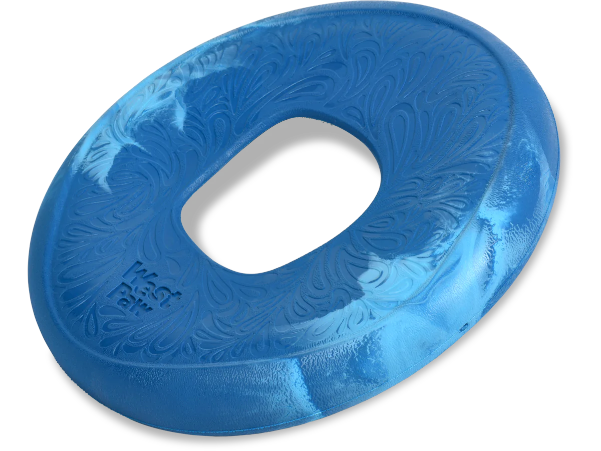 A blue Your Whole Dog: Sailz frisbee on a white background, perfect for interactive play and a game of fetch.