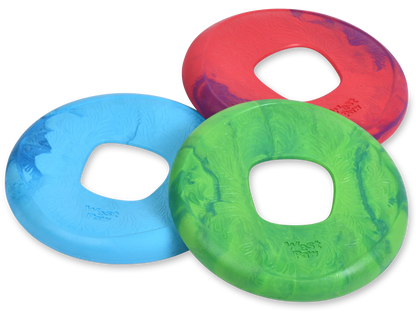 Three Your Whole Dog Sailz frisbees for interactive play in a game of fetch.