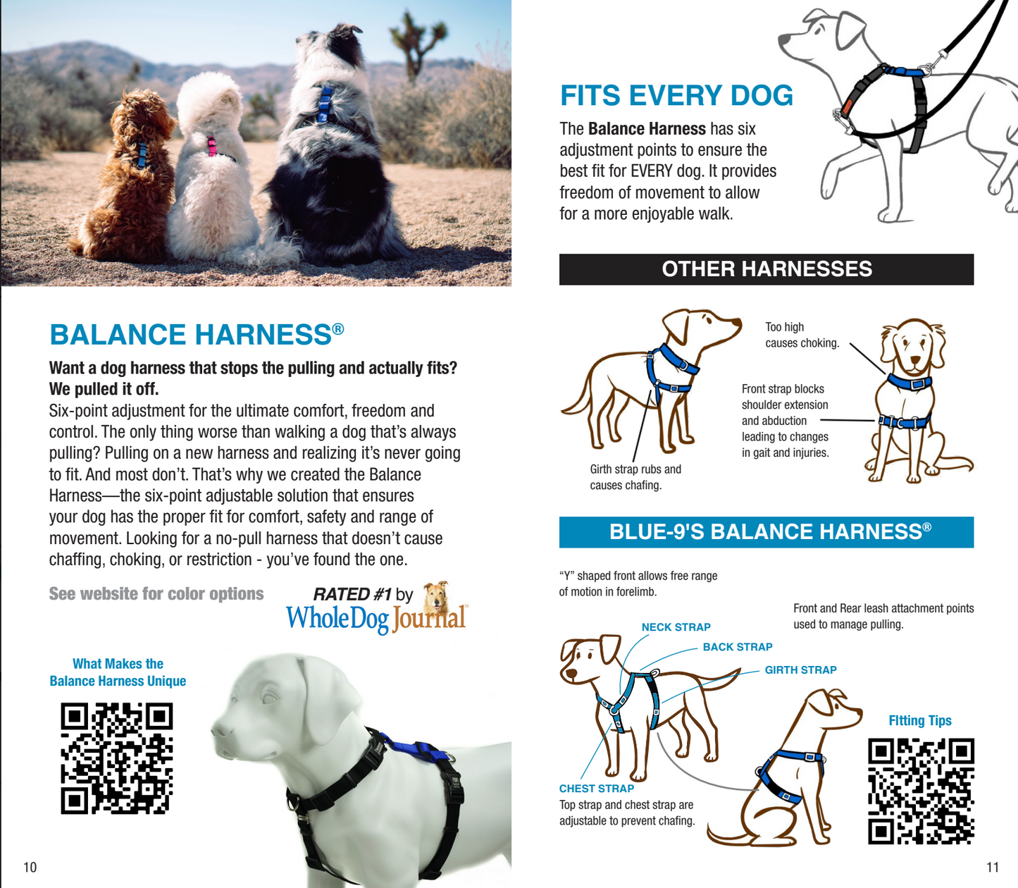 A brochure showing how to use a Blue-9: Balance Harness for a dog, available from Your Whole Dog.