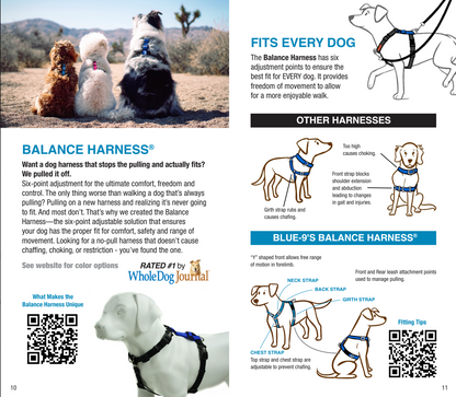 A brochure showcasing the adjustability of Blue-9: Balance Harness - PRE-ORDER by Your Whole Dog.