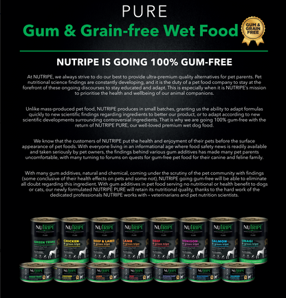 Your Whole Dog NUTRIPE PURE Salmon & Green Tripe Dog Food  (185g cans) is a pure gum & grain free wet dog food.