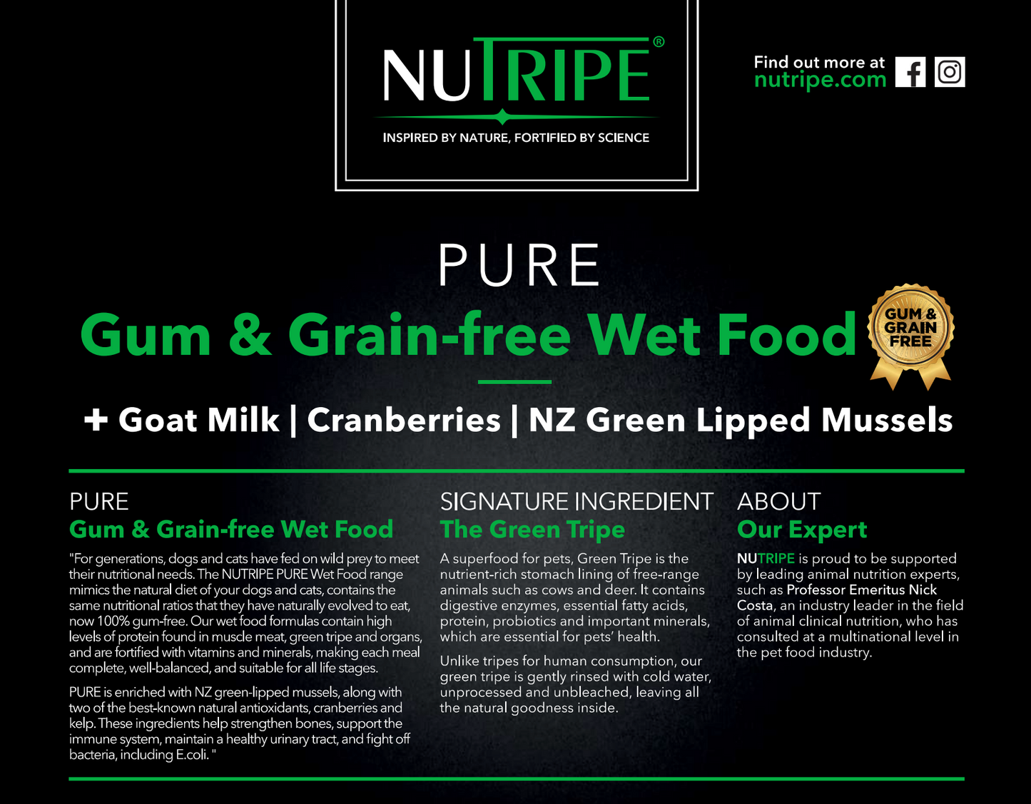 Your Whole Dog's NUTRIPE PURE Salmon & Green Tripe Dog Food (185g cans) is a gum and grain free wet food.
