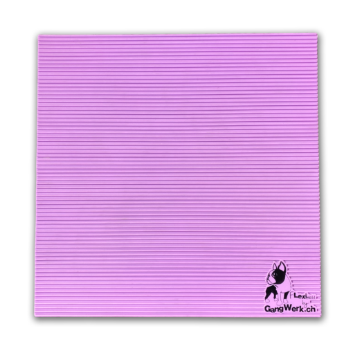 The Flexiness SensiMat - V4-Square by Your Whole Dog is a pink, square, ribbed doormat that features a small black dog logo and text in the bottom right corner to ensure tactile stimulation. Designed as a non-slip mat, it offers both style and safety.