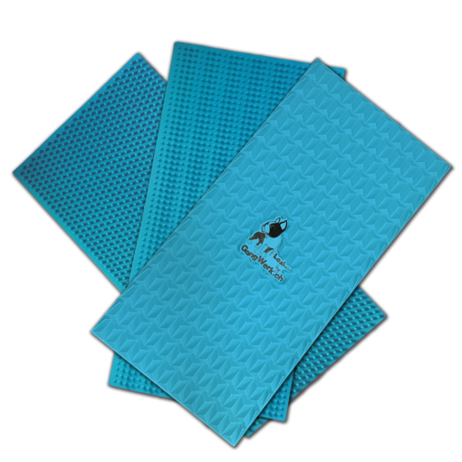 A set of three blue Flexiness SensiMat - V1-V2-V3 by Your Whole Dog with a textured surface, designed for non-slip performance. One mat features a small graphic logo and text in the center, along with subtle dog paws imprinted for added charm.