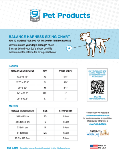 Your Whole Dog's Blue-9: Balance Harness - PRE-ORDER adjustability chart.